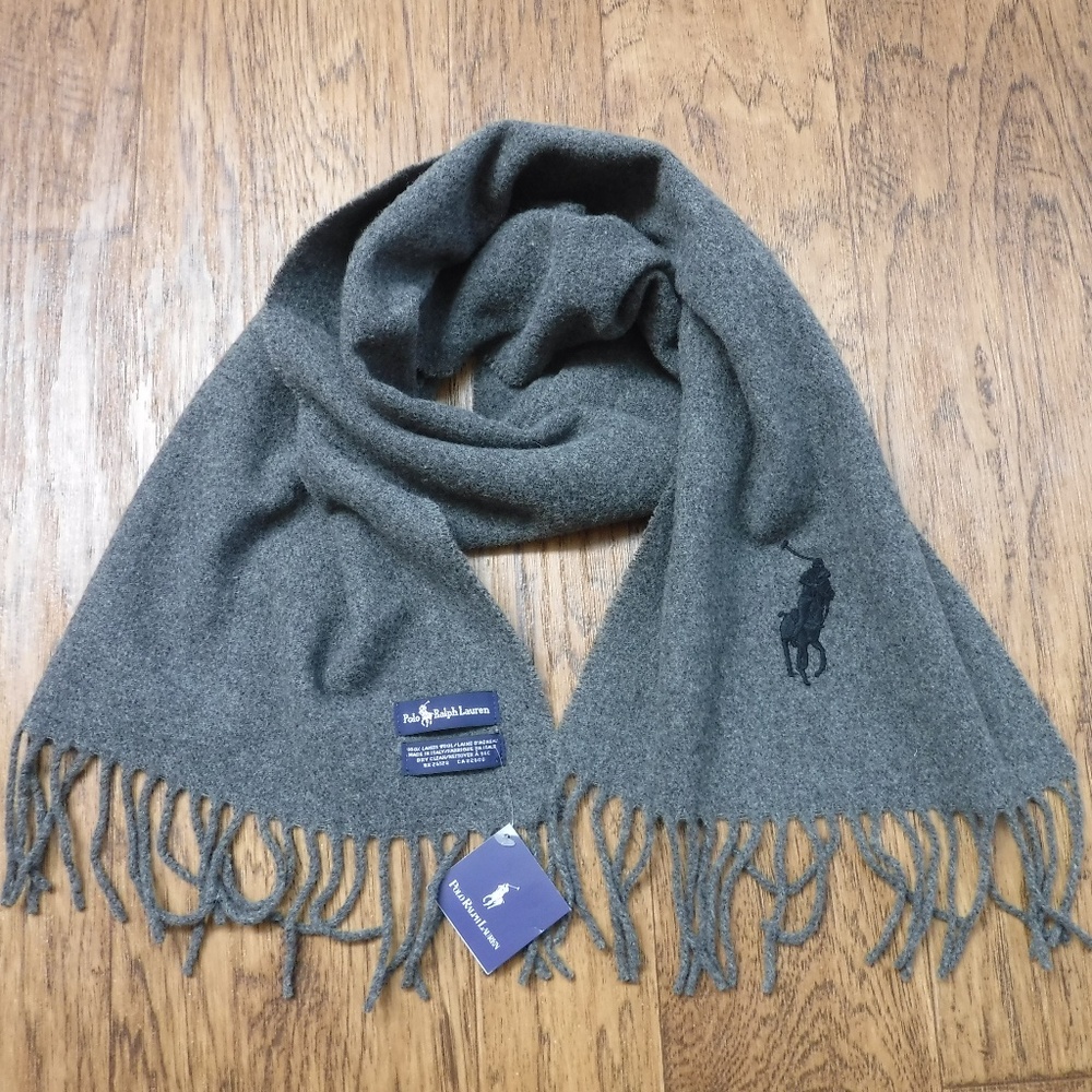 Polo by Ralph Lauren Black Big Pony Logo on Gray 100% LambsWool Scarf